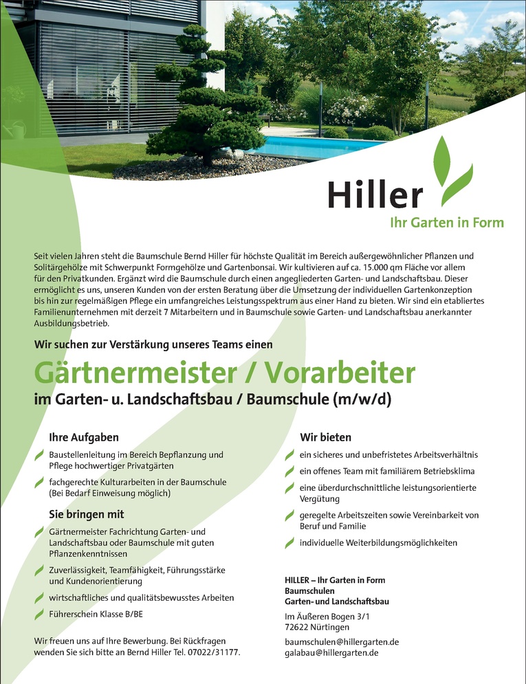 Job Gartnermeister Vorarbeiter Im Garten U Landschaftsbau Baumschule M W D Neckarfilsjobs De