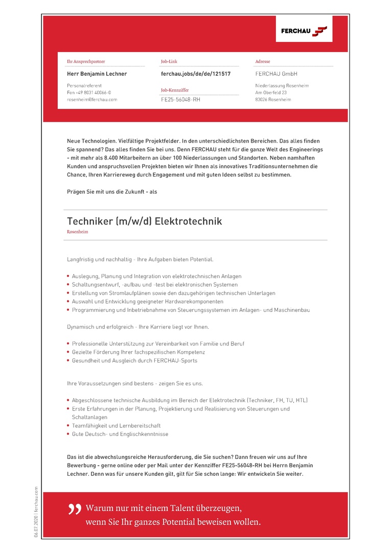 Job Techniker M W D Elektrotechnik